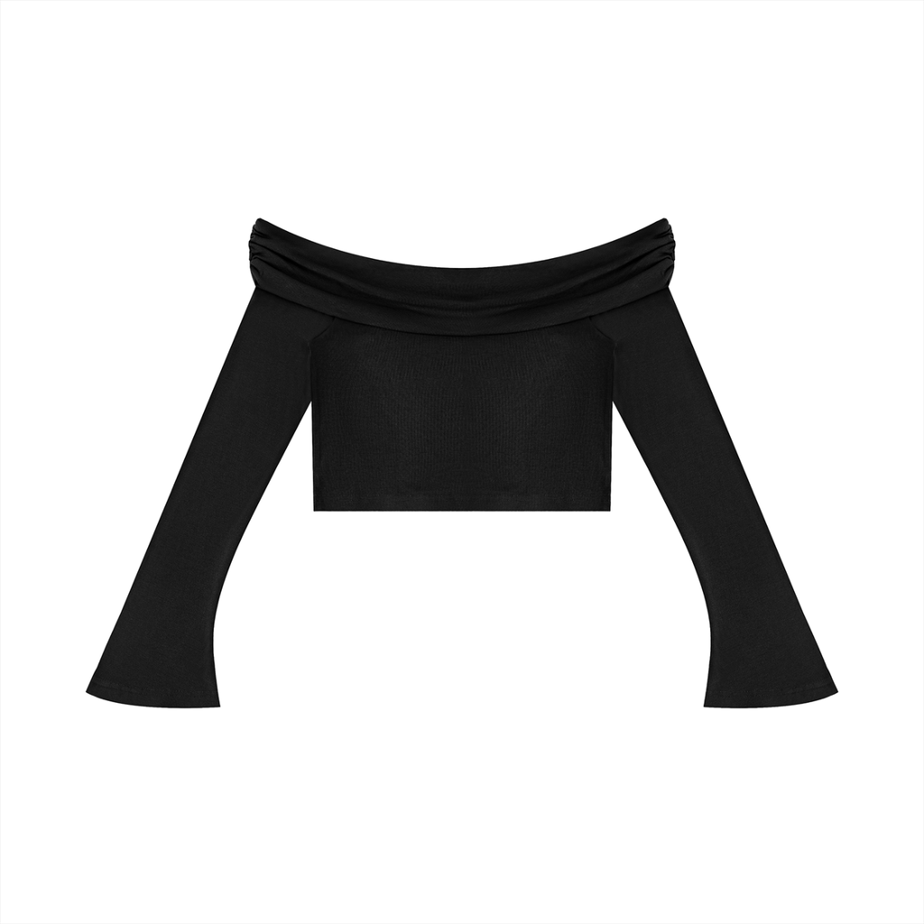 crop top spalle scoperte,maglia maniche a campana adere,top streetwear donna,crop top pesante,abbigliamento urban contrasto,aluma shop,maglia off-shoulder nera