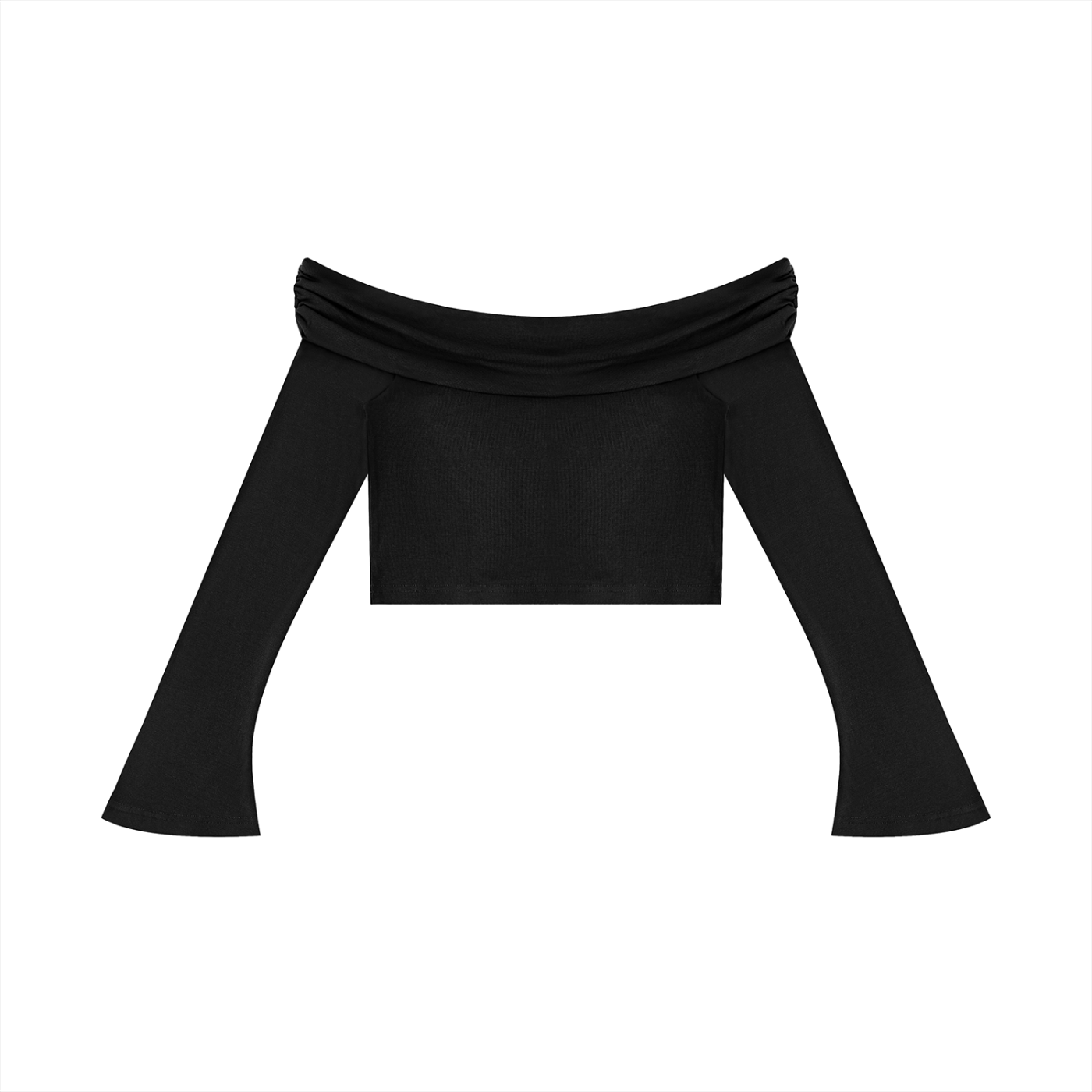 crop top spalle scoperte,maglia maniche a campana adere,top streetwear donna,crop top pesante,abbigliamento urban contrasto,aluma shop,maglia off-shoulder nera