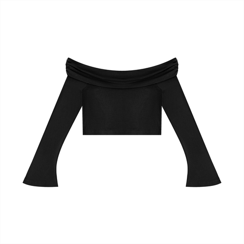 crop top spalle scoperte,maglia maniche a campana adere,top streetwear donna,crop top pesante,abbigliamento urban contrasto,aluma shop,maglia off-shoulder nera