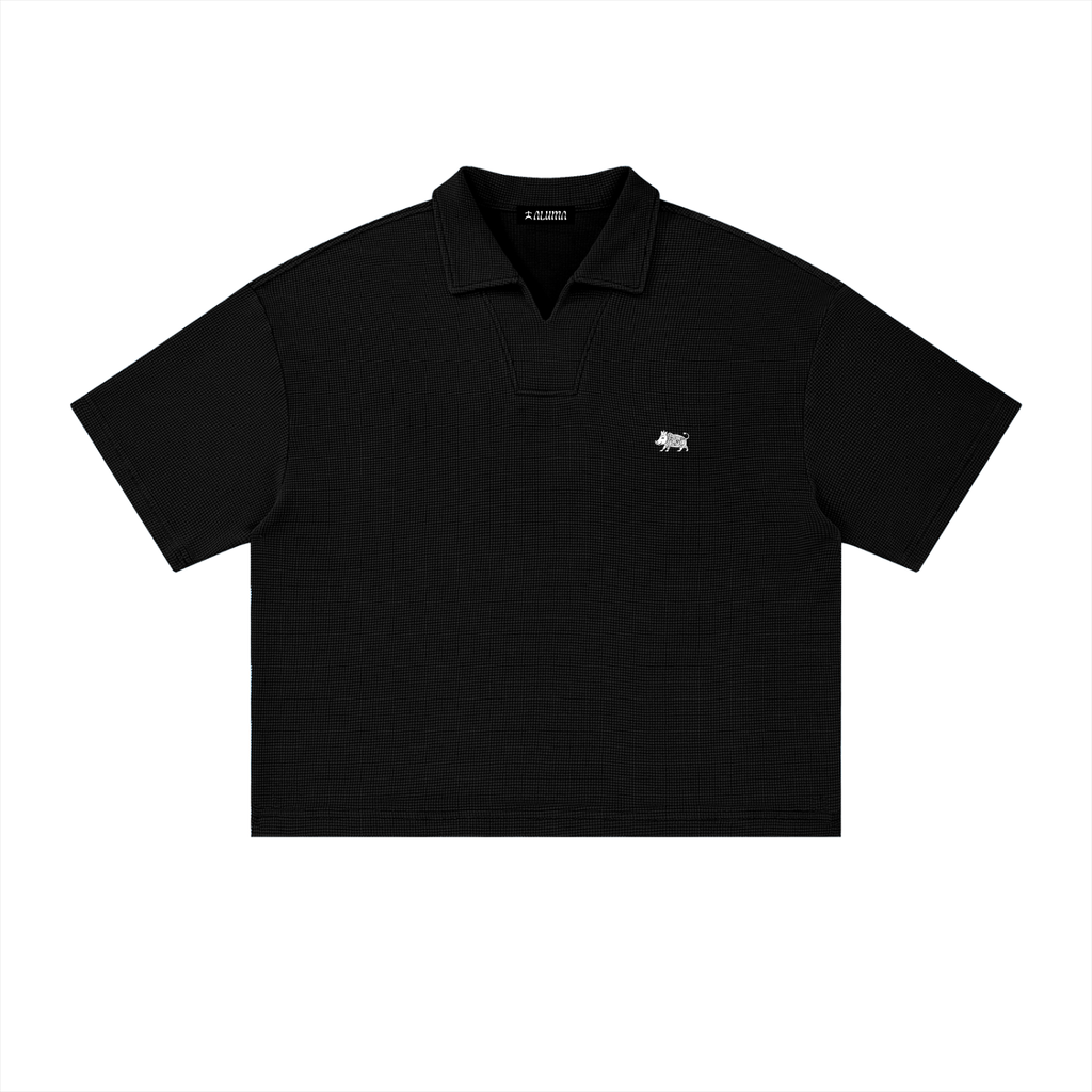 polo boxy uomo streetwear,waffle polo vintage,polo nido d'ape oversize,polo scollo a v senza bottoni,aluma waffle shirt,abbigliamento minimal unisex