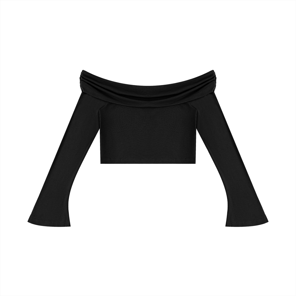crop top spalle scoperte,maglia maniche a campana adere,top streetwear donna,crop top pesante,abbigliamento urban contrasto,aluma shop,maglia off-shoulder nera