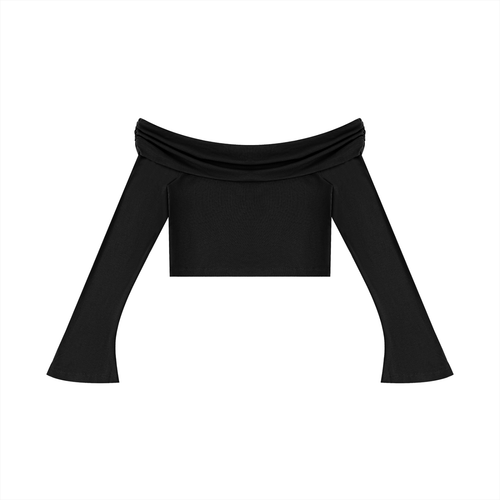 crop top spalle scoperte,maglia maniche a campana adere,top streetwear donna,crop top pesante,abbigliamento urban contrasto,aluma shop,maglia off-shoulder nera