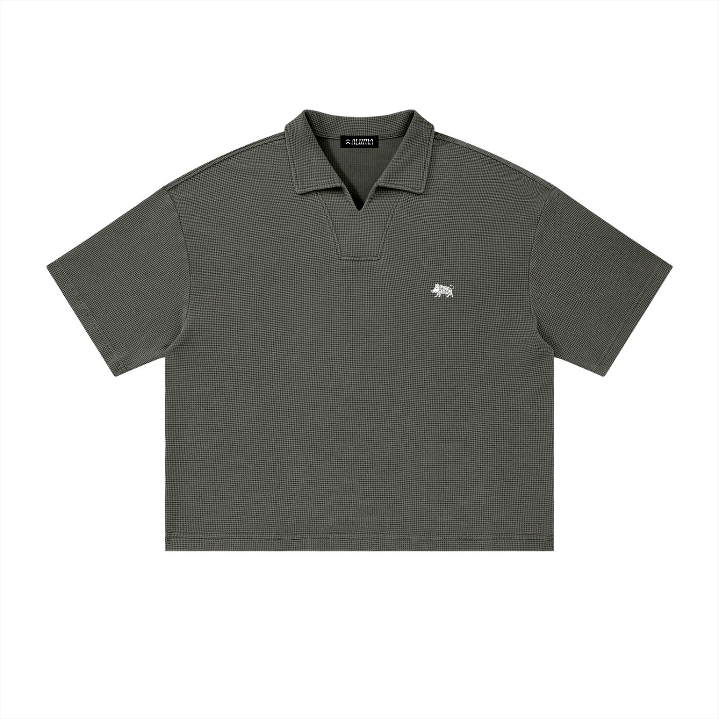 polo boxy uomo streetwear,waffle polo vintage,polo nido d'ape oversize,polo scollo a v senza bottoni,aluma waffle shirt,abbigliamento minimal unisex