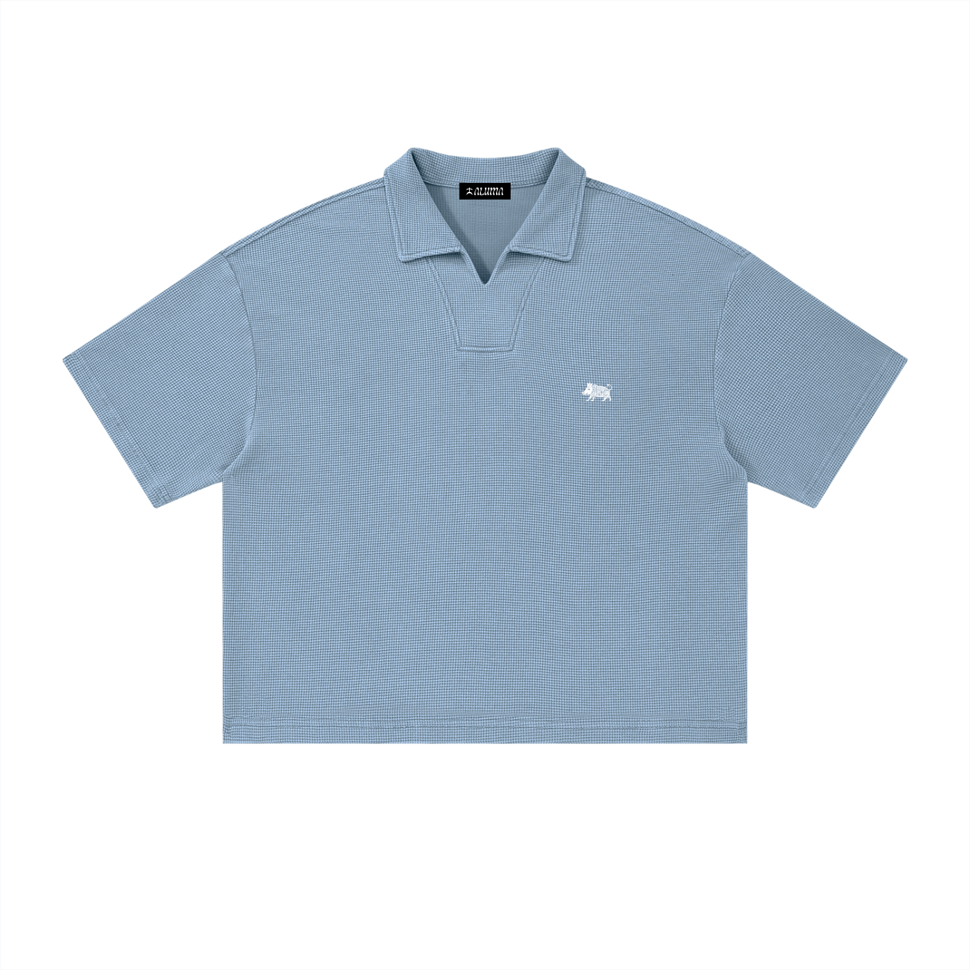 polo boxy uomo streetwear,waffle polo vintage,polo nido d'ape oversize,polo scollo a v senza bottoni,aluma waffle shirt,abbigliamento minimal unisex